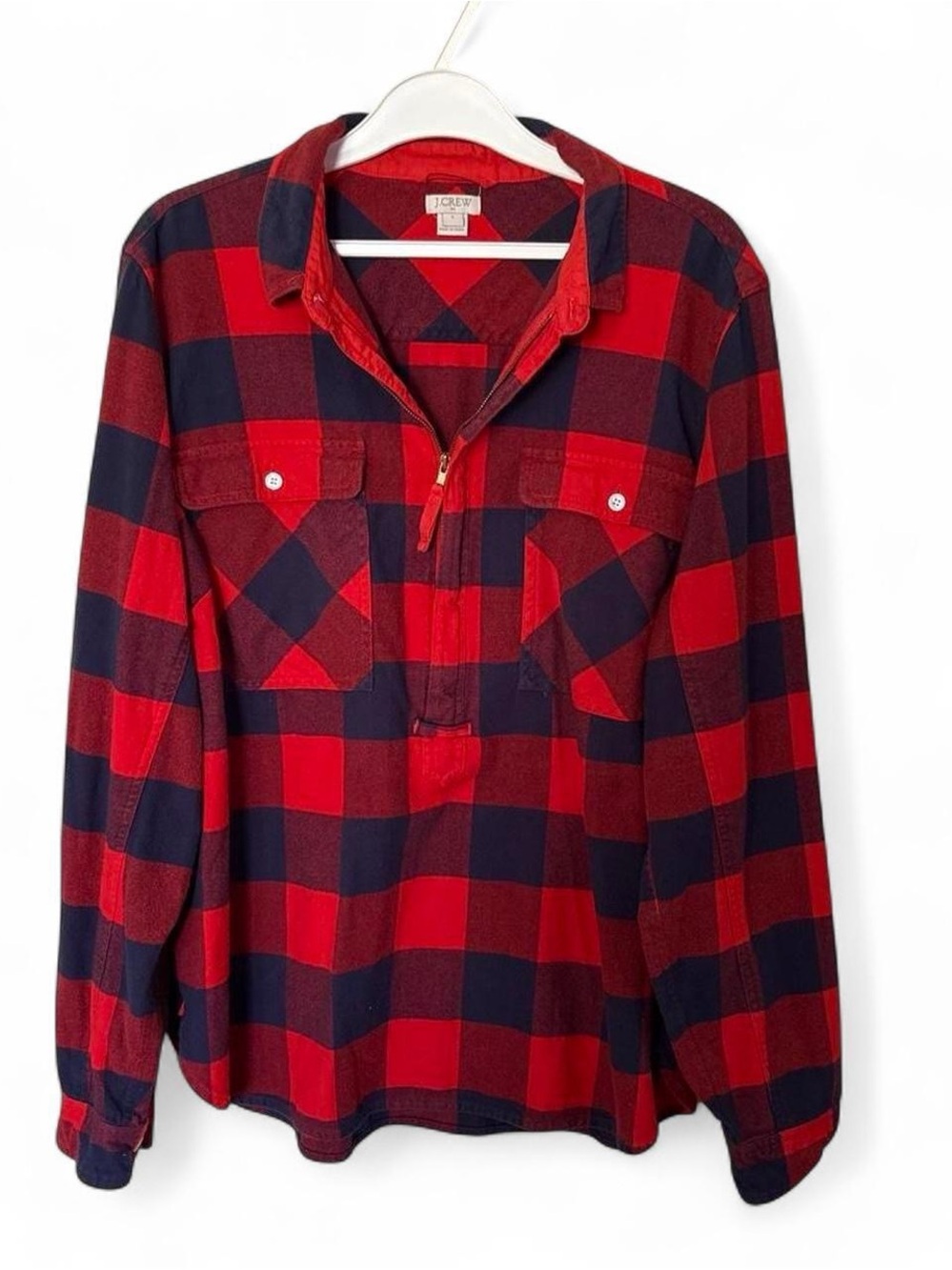 J. Crew Red and Black Buffalo Plaid 3/4 Zip Casual Flannel Shirt L cabincore